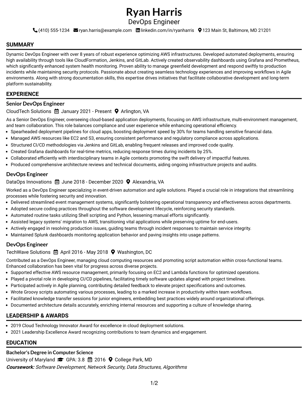 Resume Example Page 1
