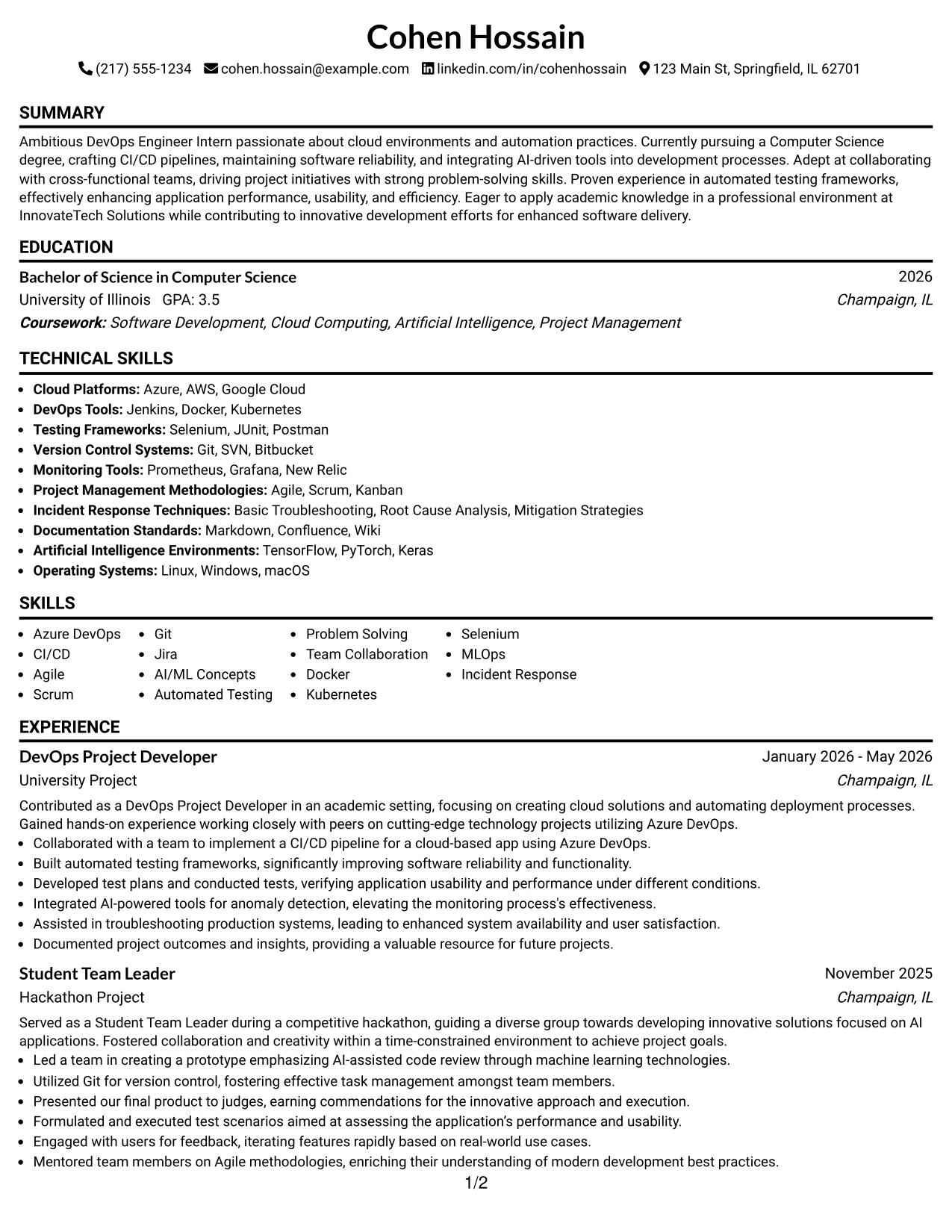 Resume Example Page 1