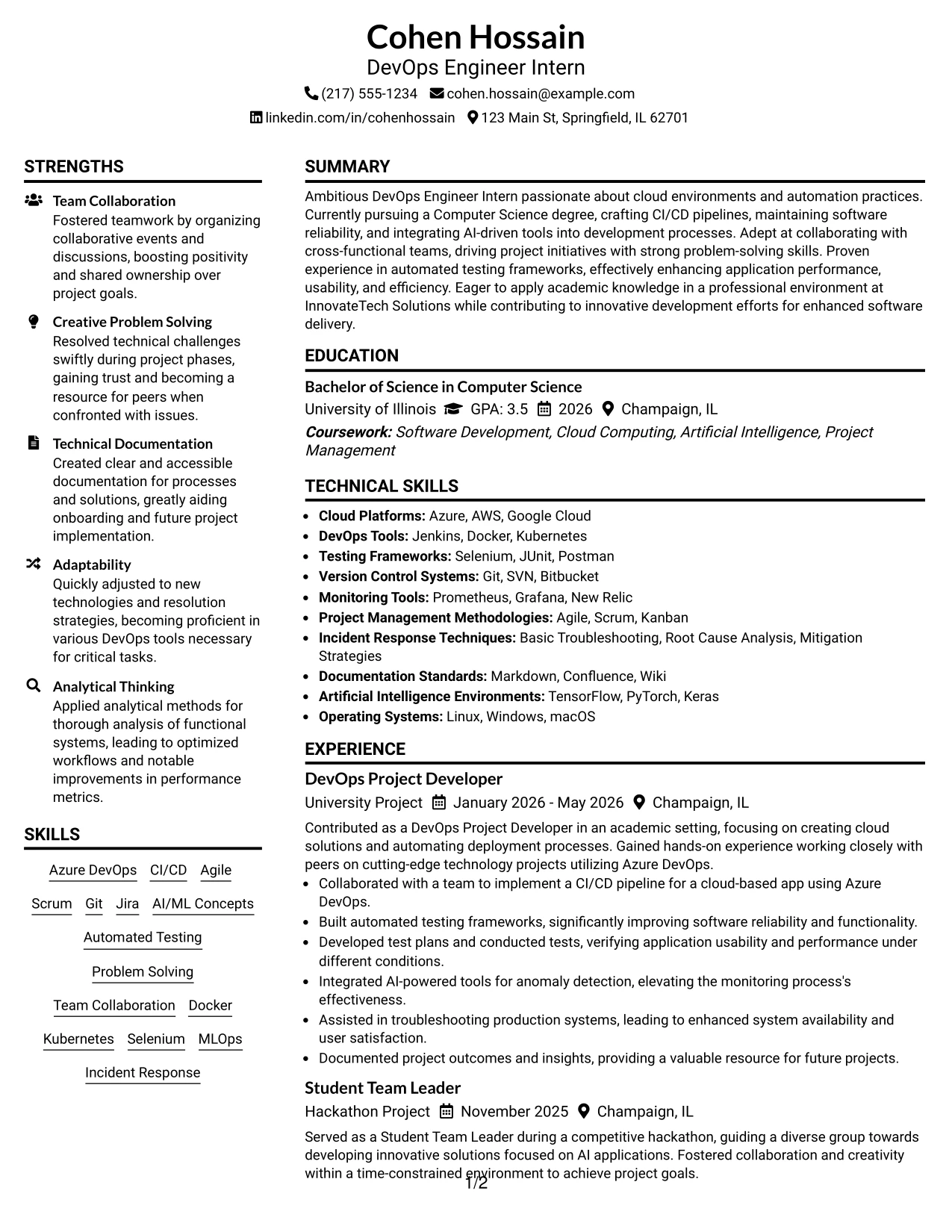 Resume Example Page 1