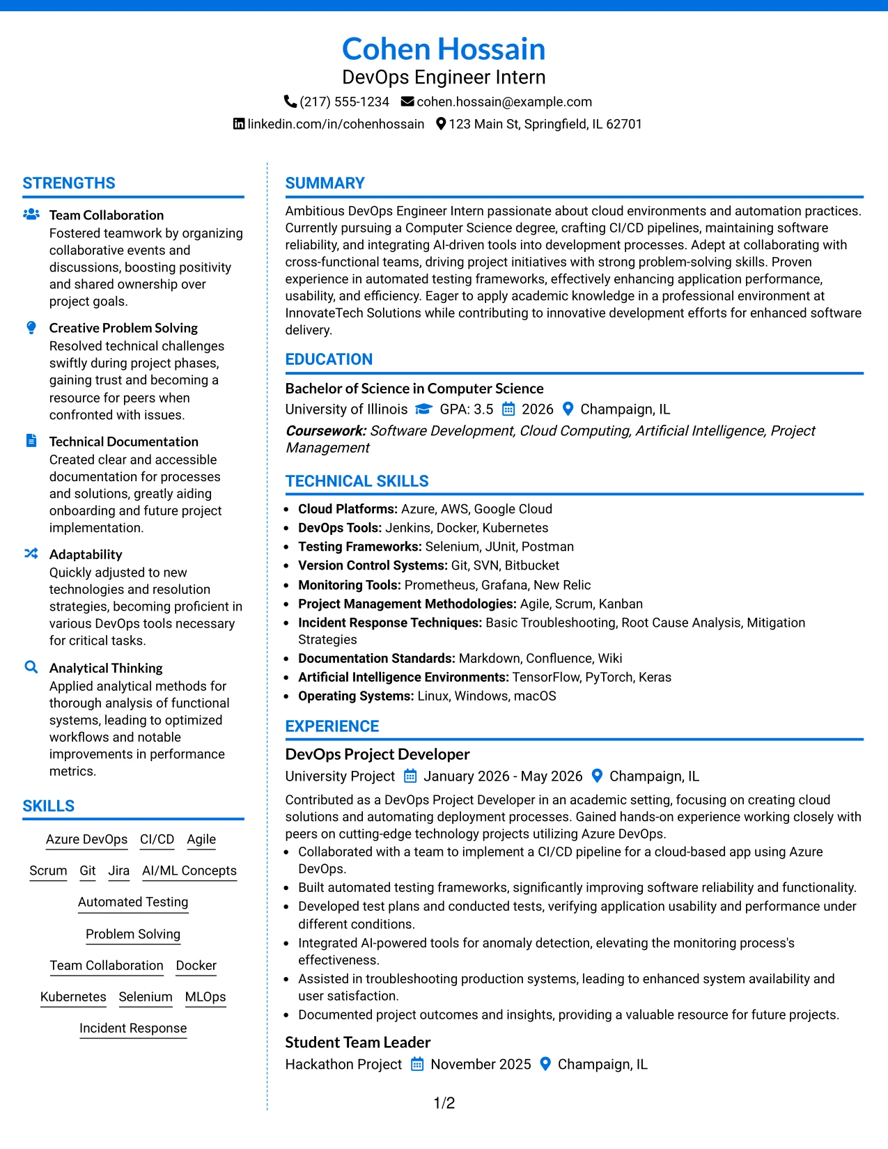 Resume Example Page 1