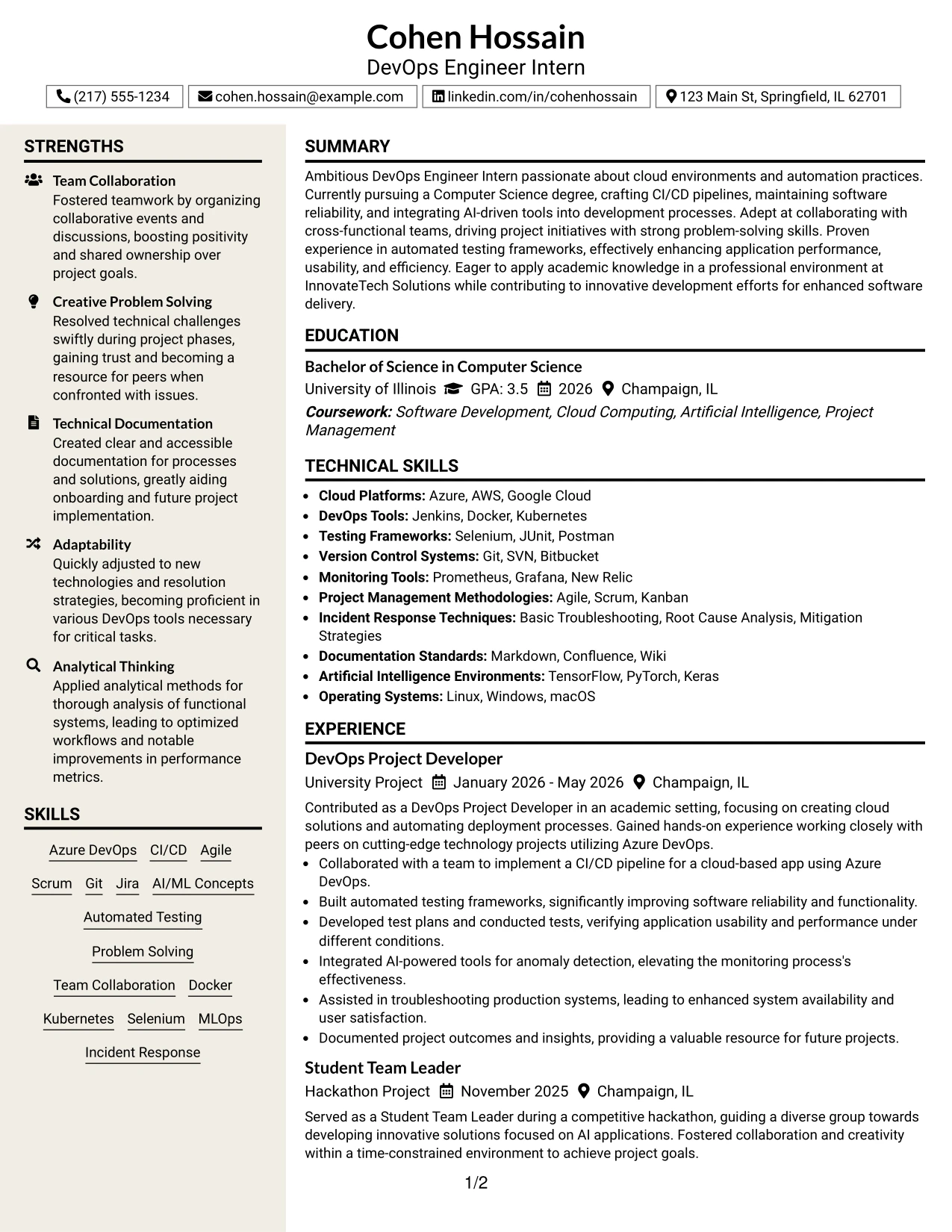 Resume Example Page 1
