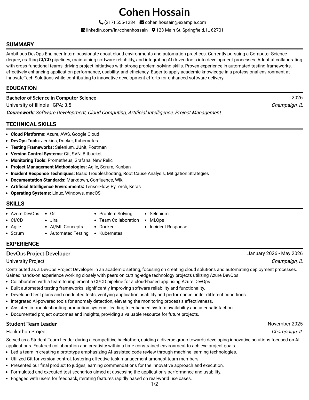 Resume Example Page 1