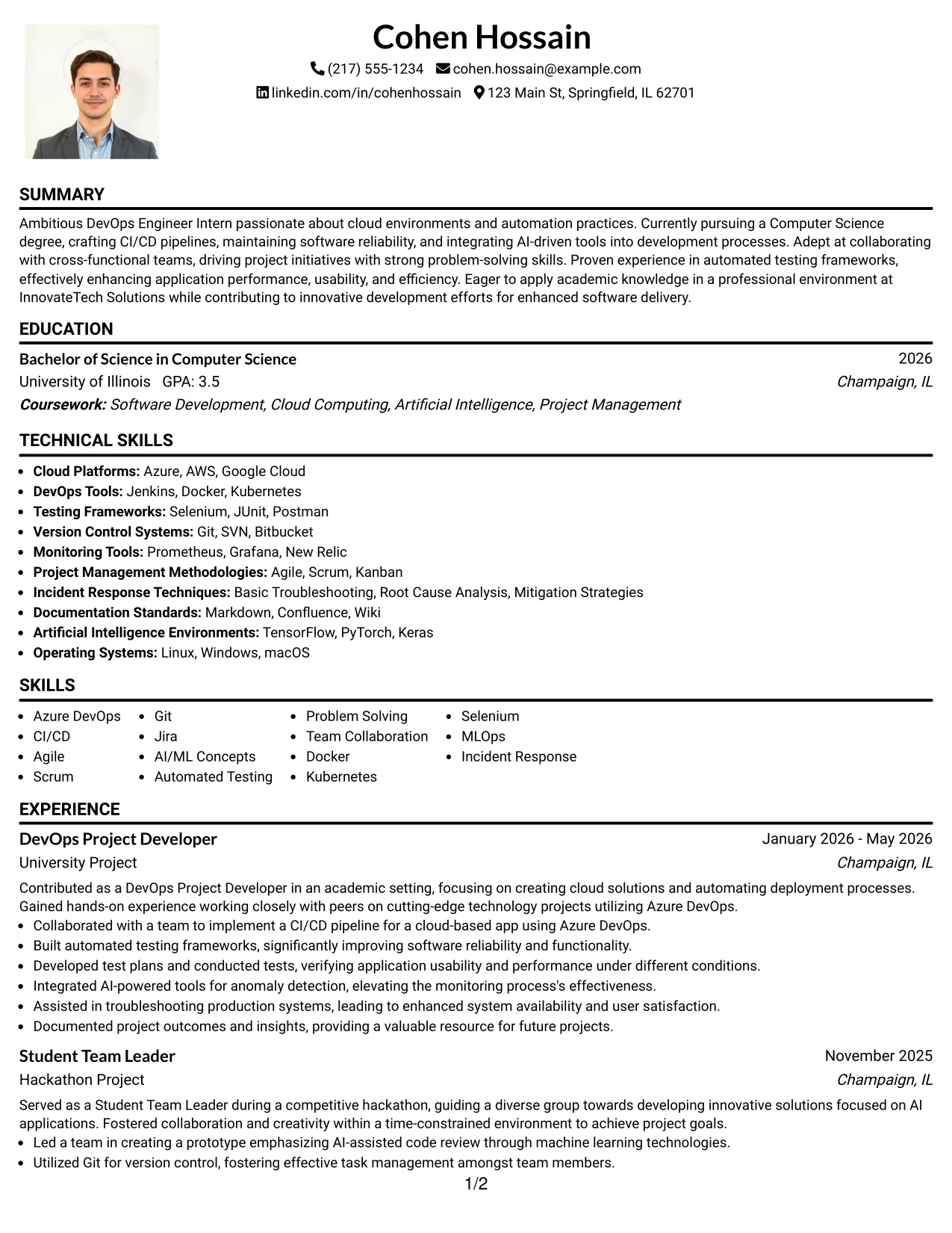 Resume Example Page 1