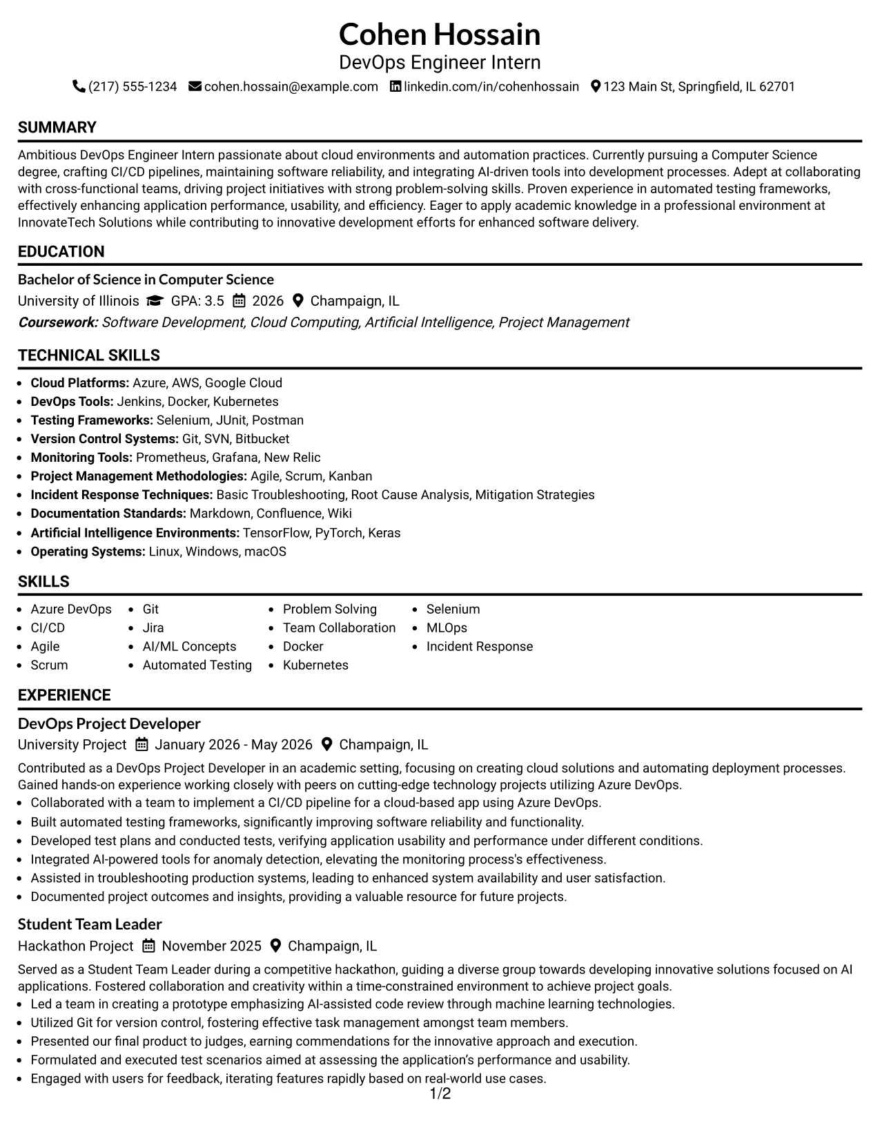 Resume Example Page 1