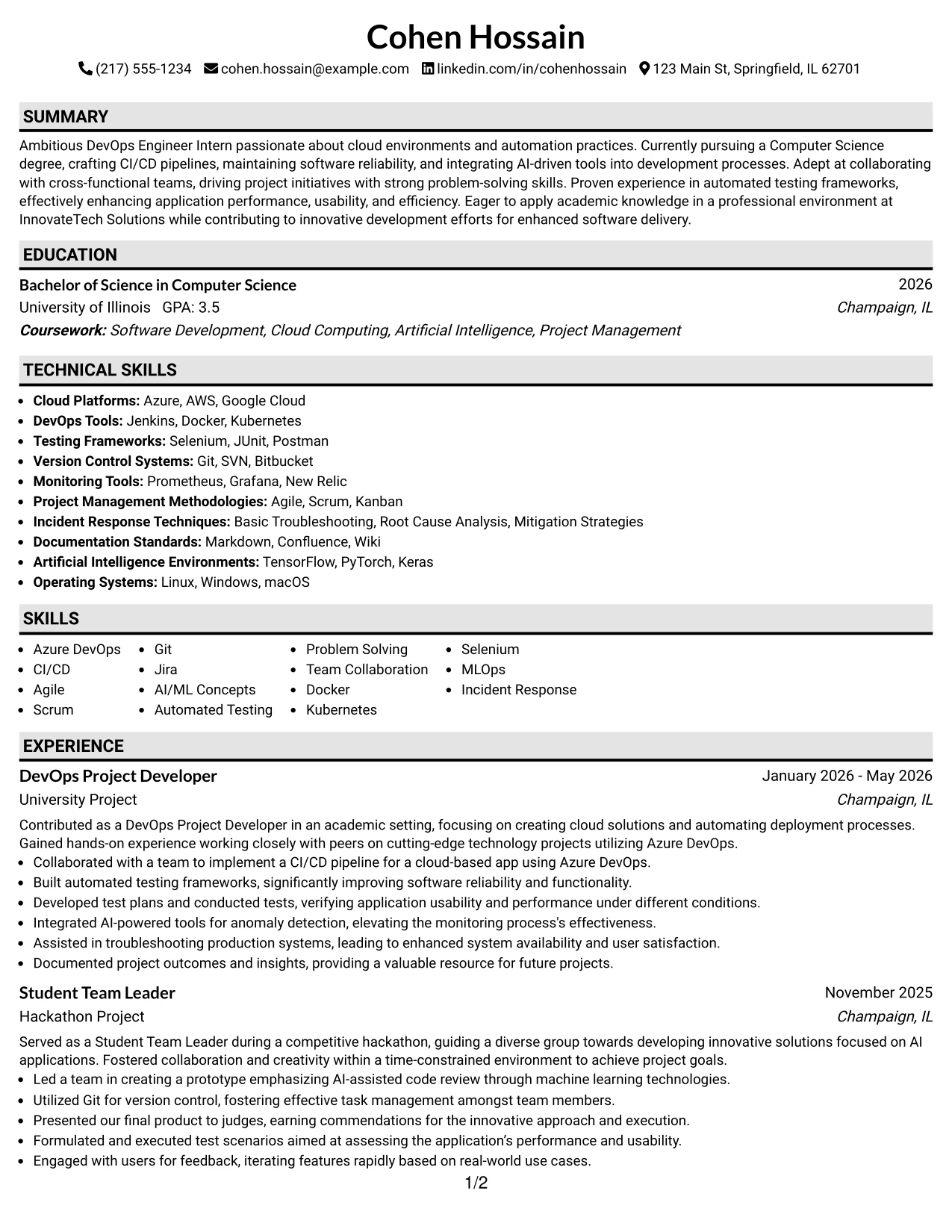 Resume Example Page 1