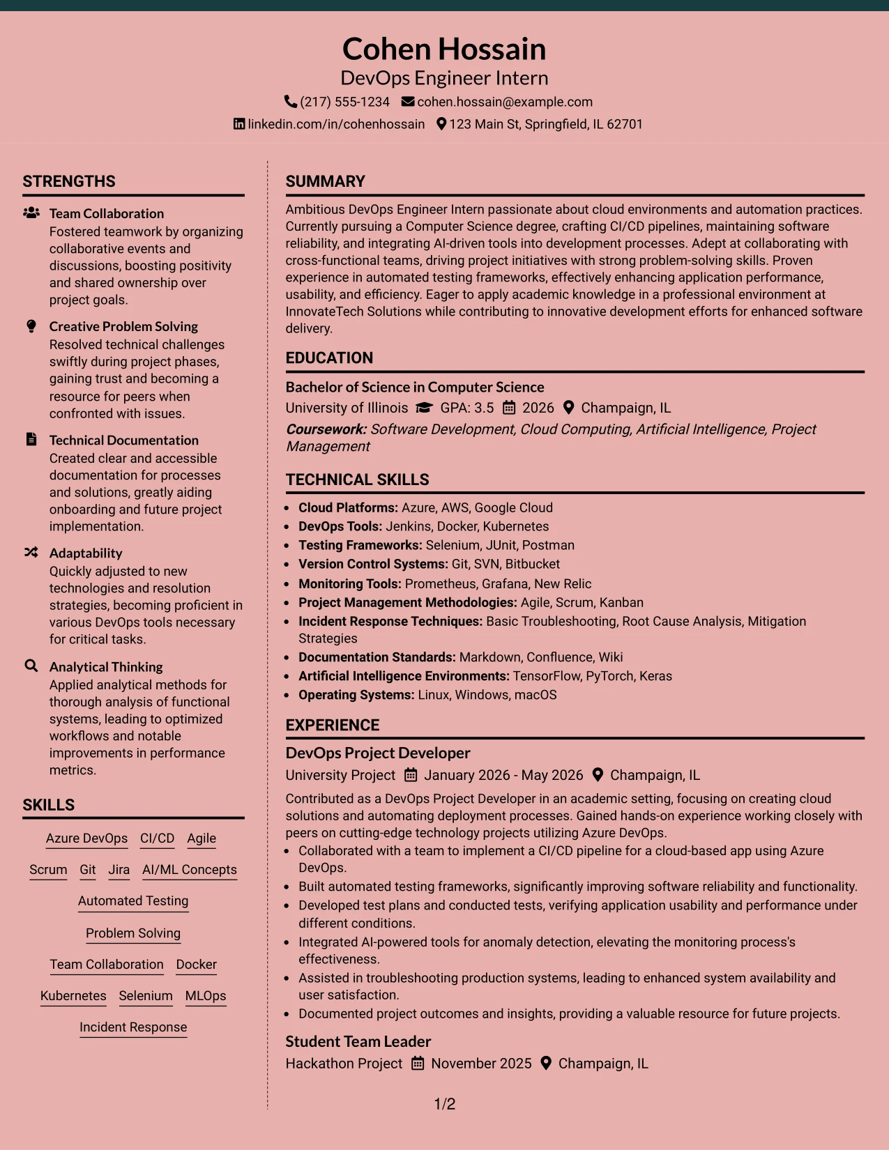 Resume Example Page 1
