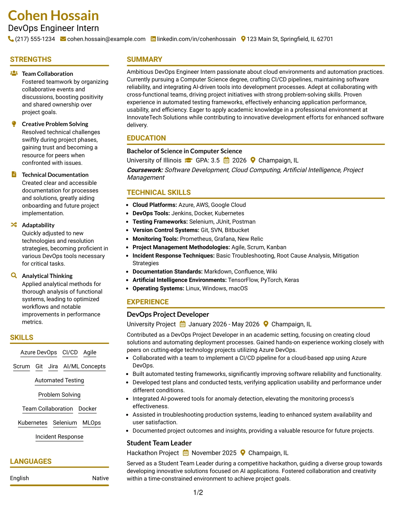 Resume Example Page 1