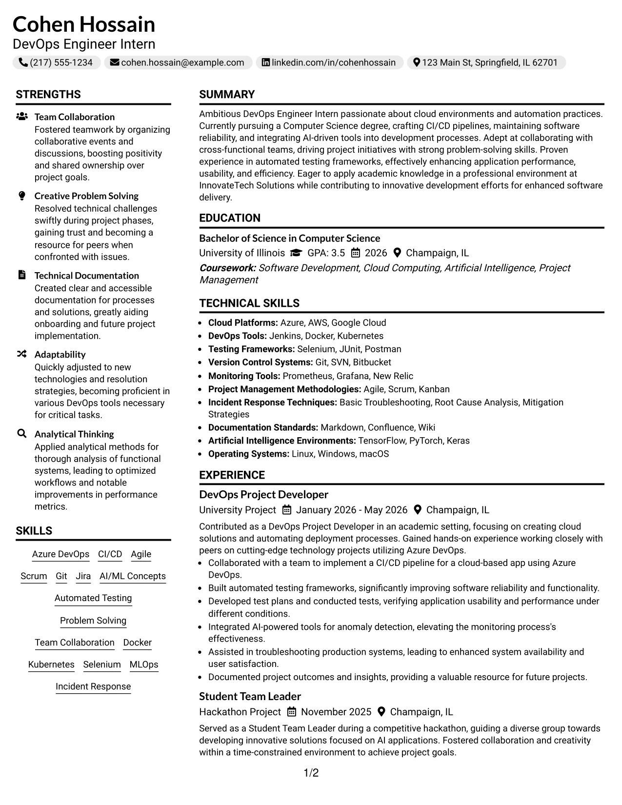 Resume Example Page 1