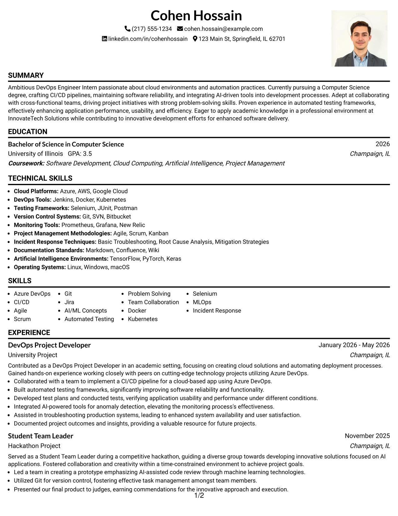 Resume Example Page 1