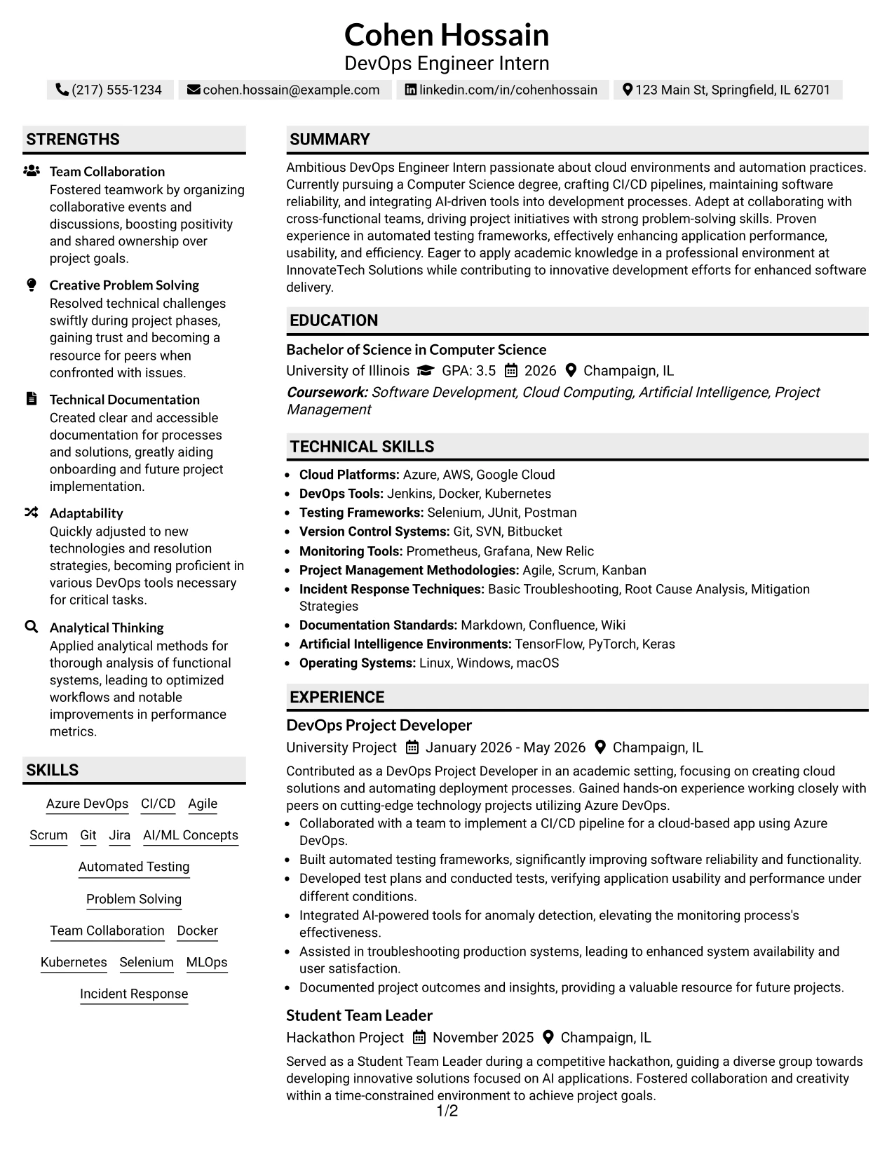 Resume Example Page 1