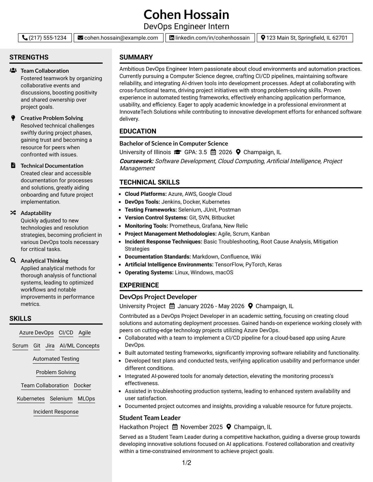 Resume Example Page 1