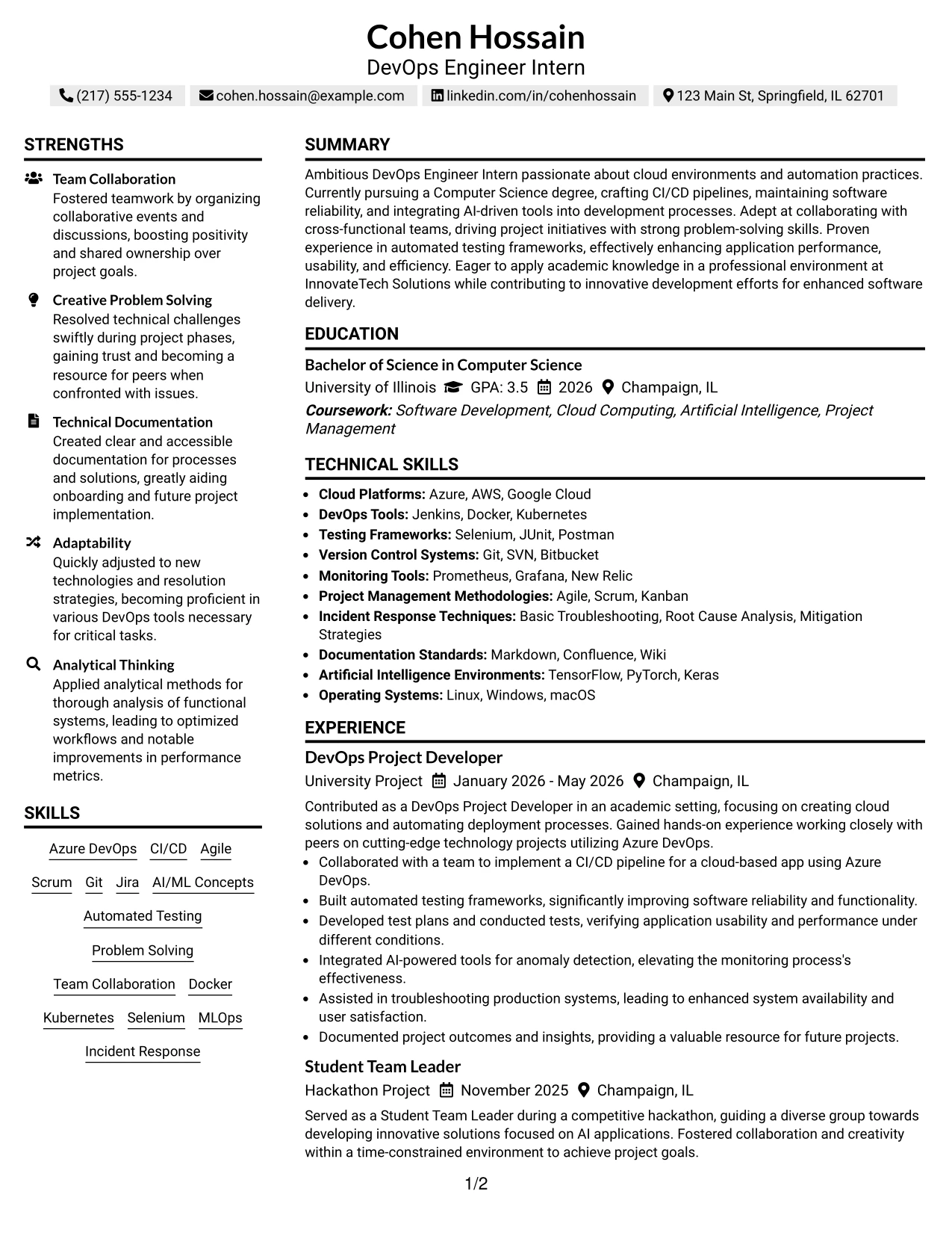 Resume Example Page 1