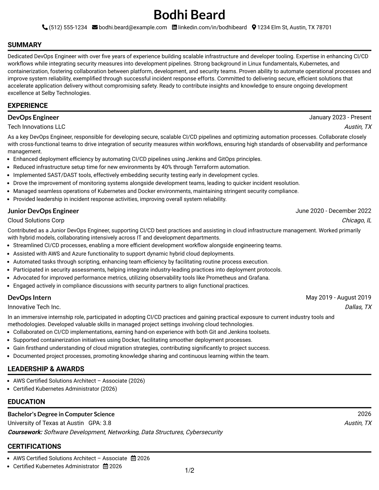 Resume Example Page 1