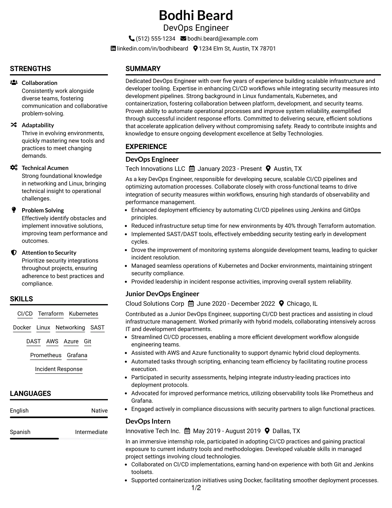 Resume Example Page 1