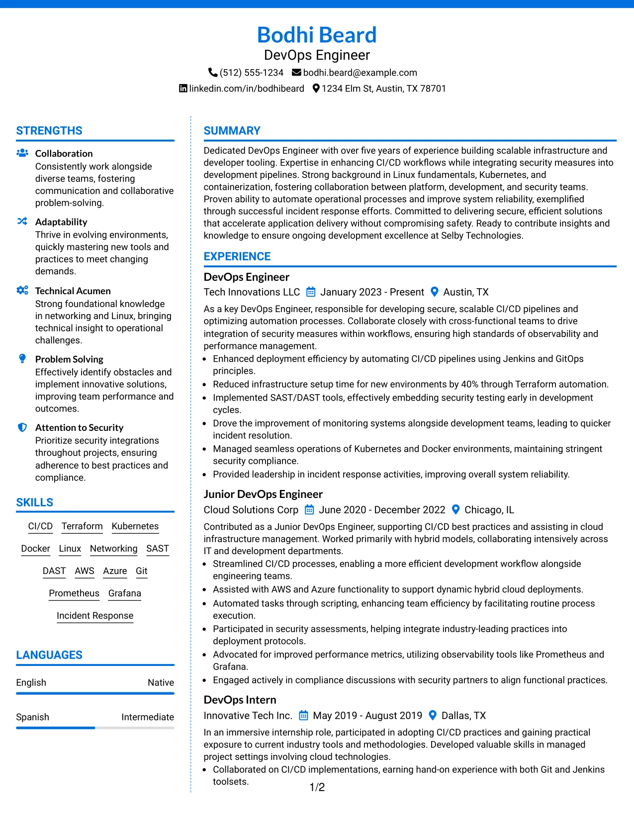 Resume Example Page 1