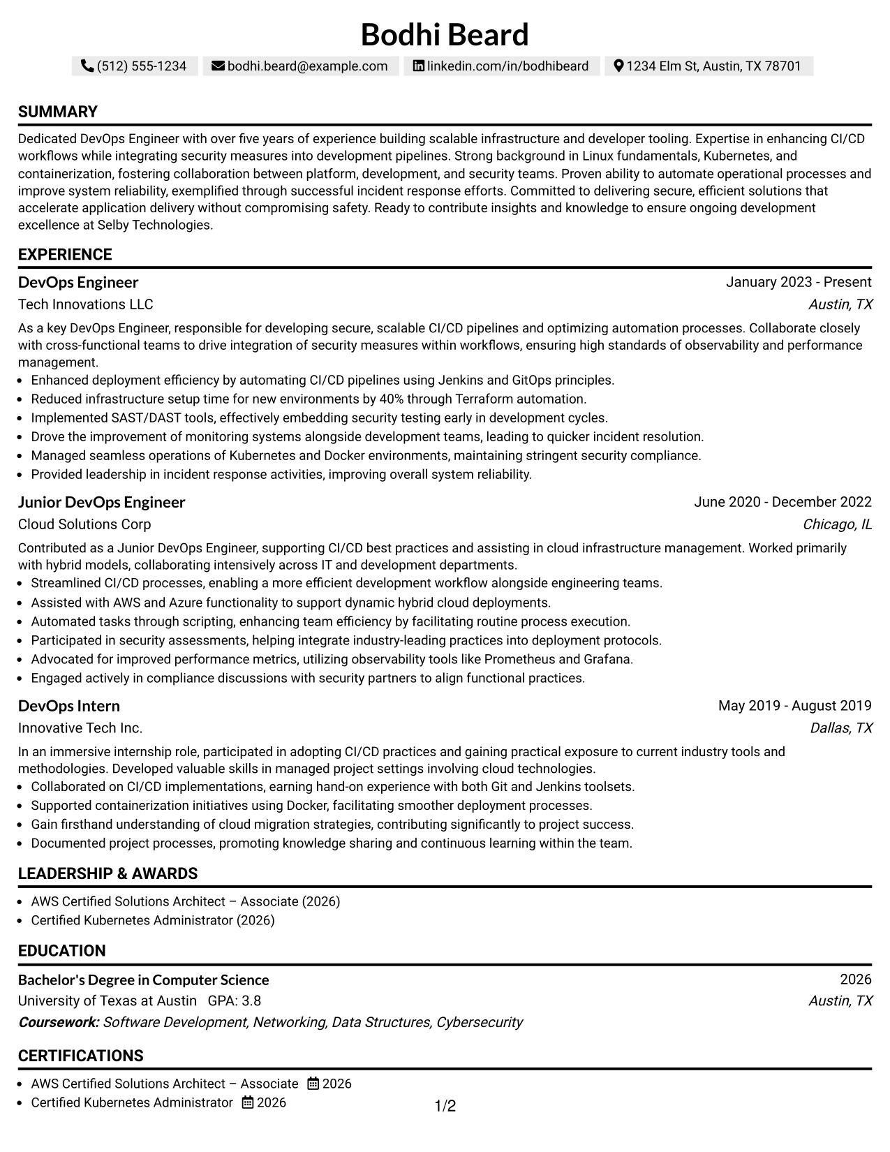Resume Example Page 1