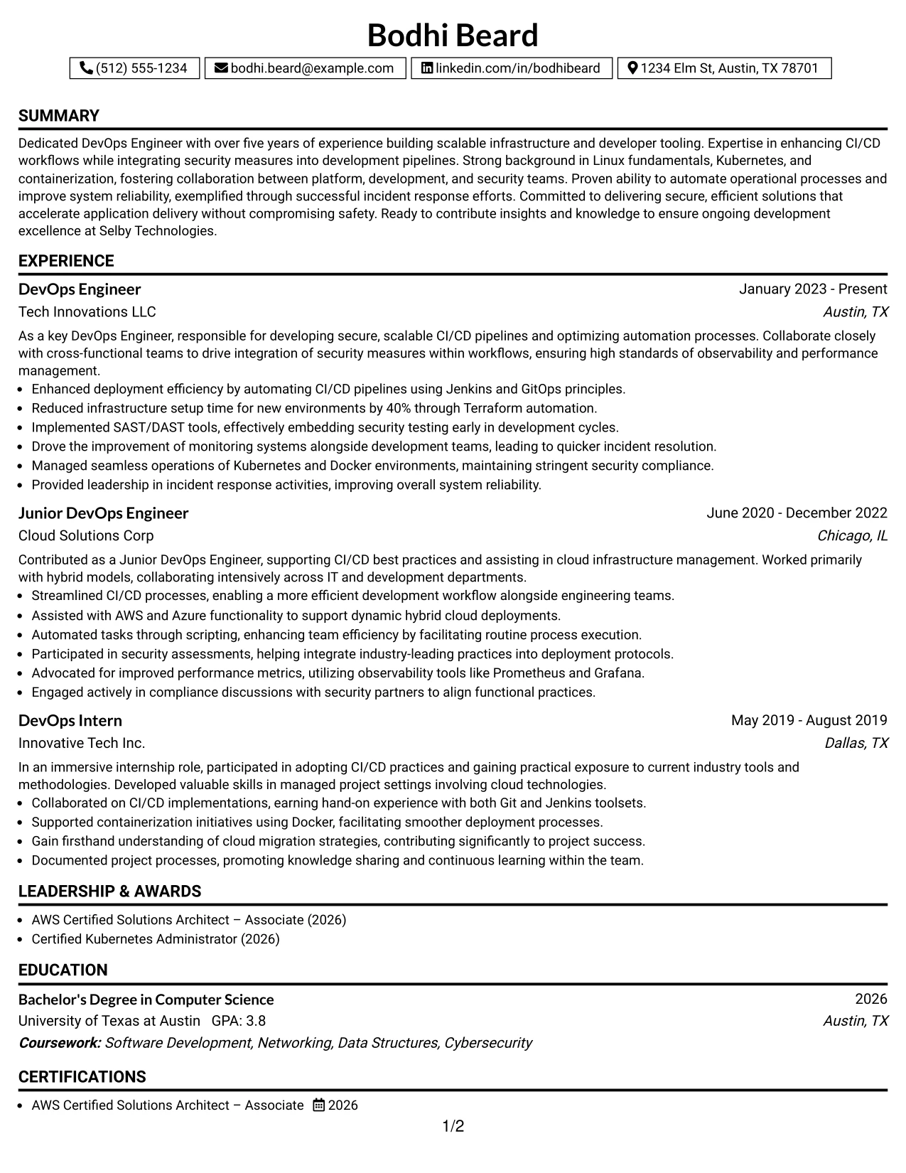 Resume Example Page 1