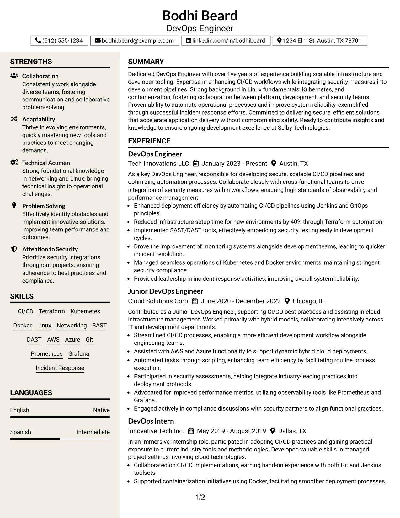 Resume Example Page 1