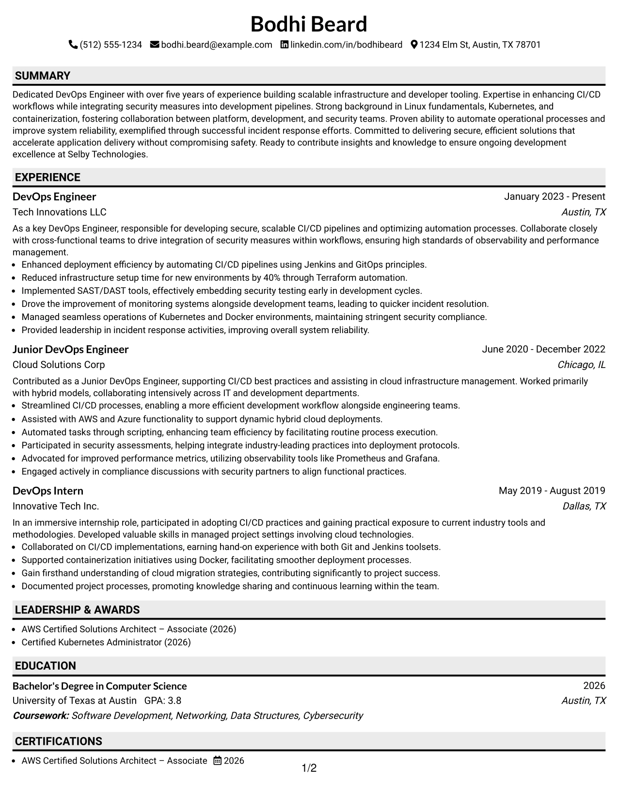 Resume Example Page 1