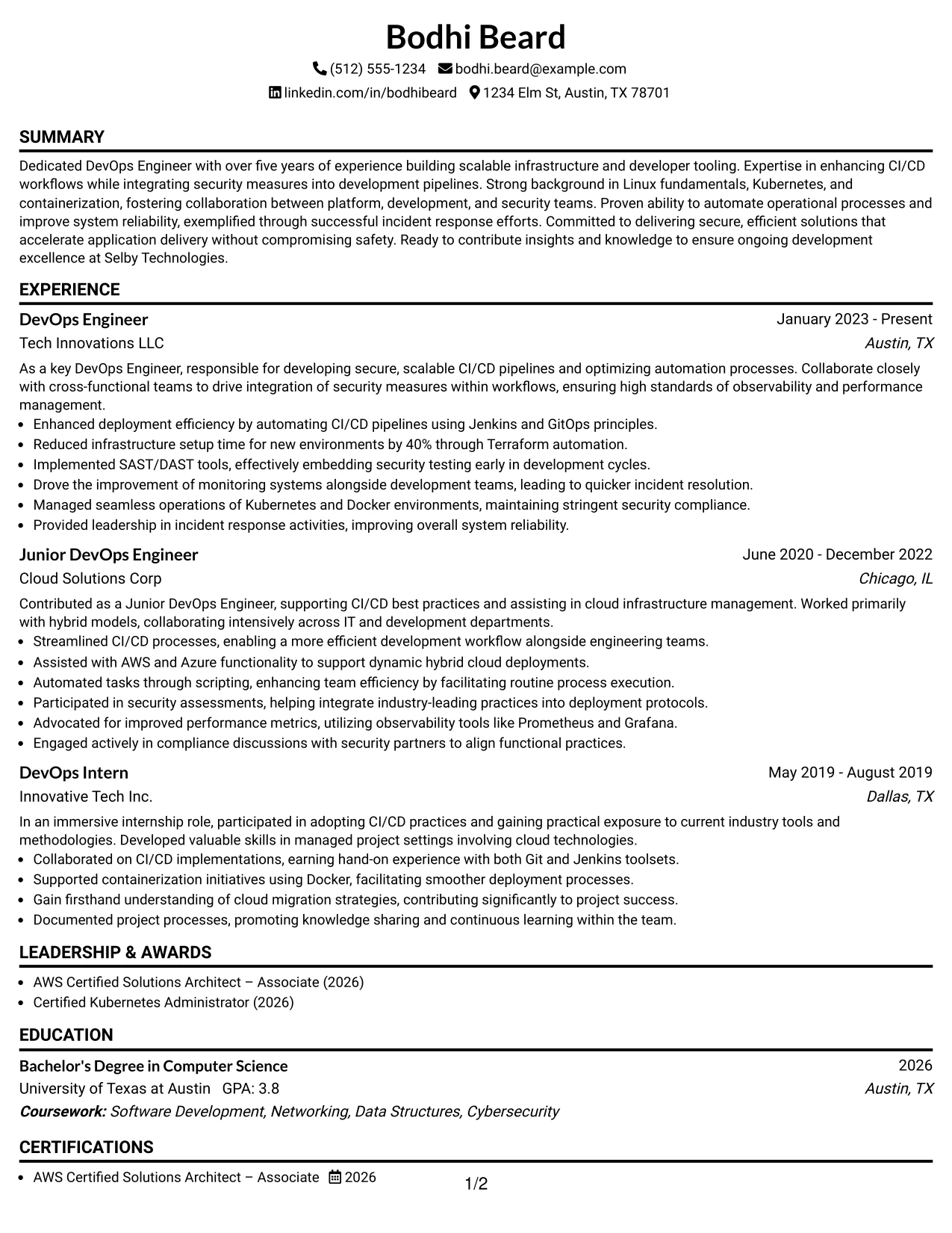 Resume Example Page 1