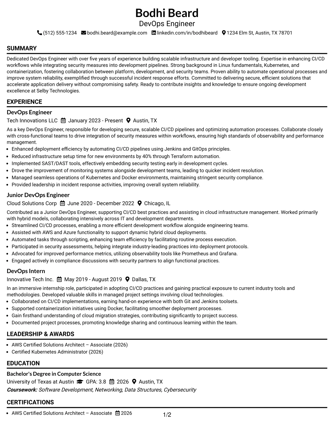 Resume Example Page 1