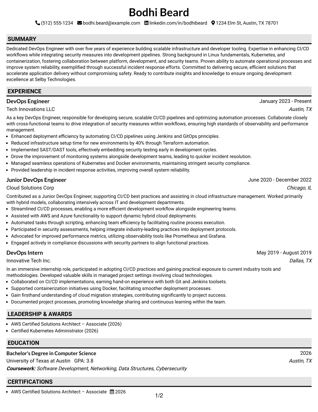 Resume Example Page 1