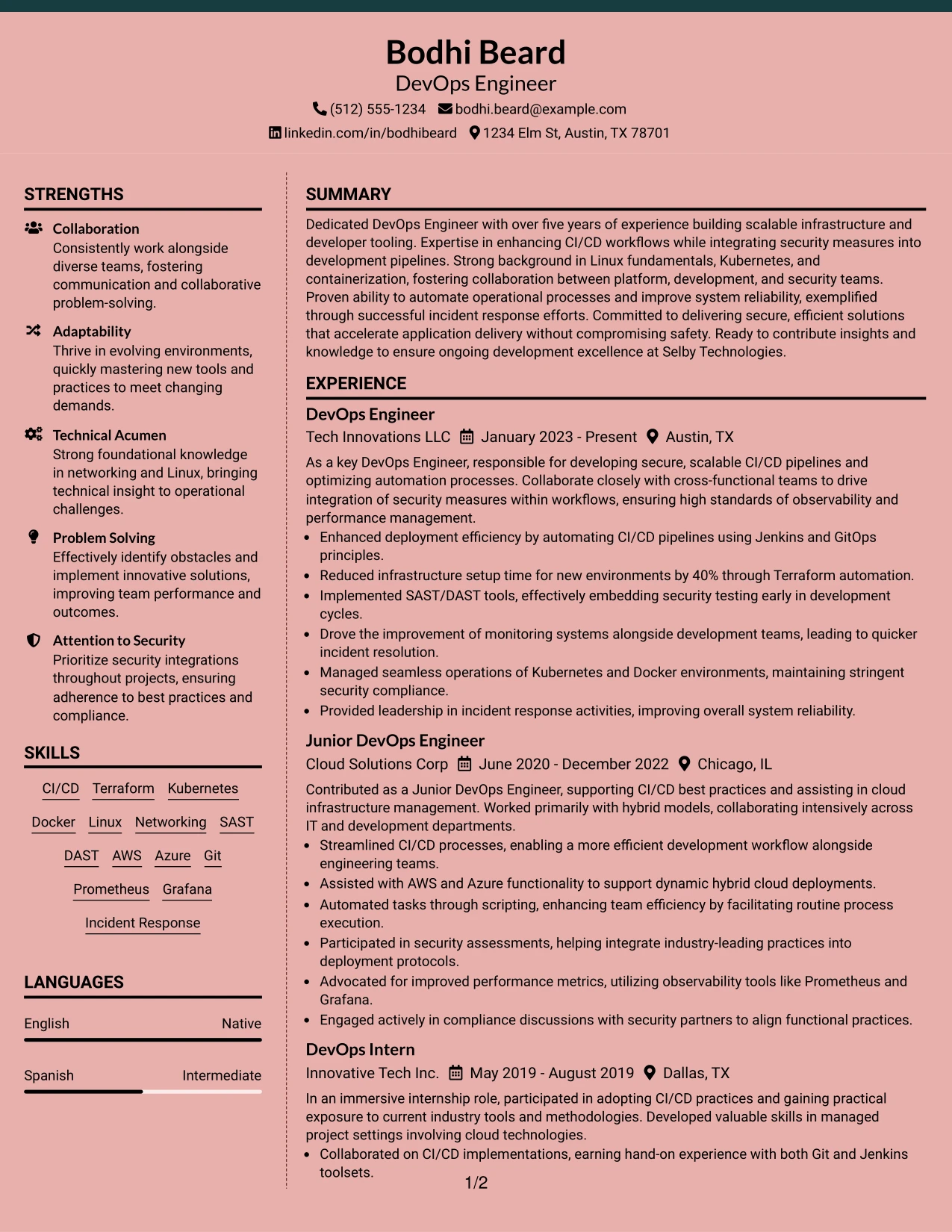 Resume Example Page 1