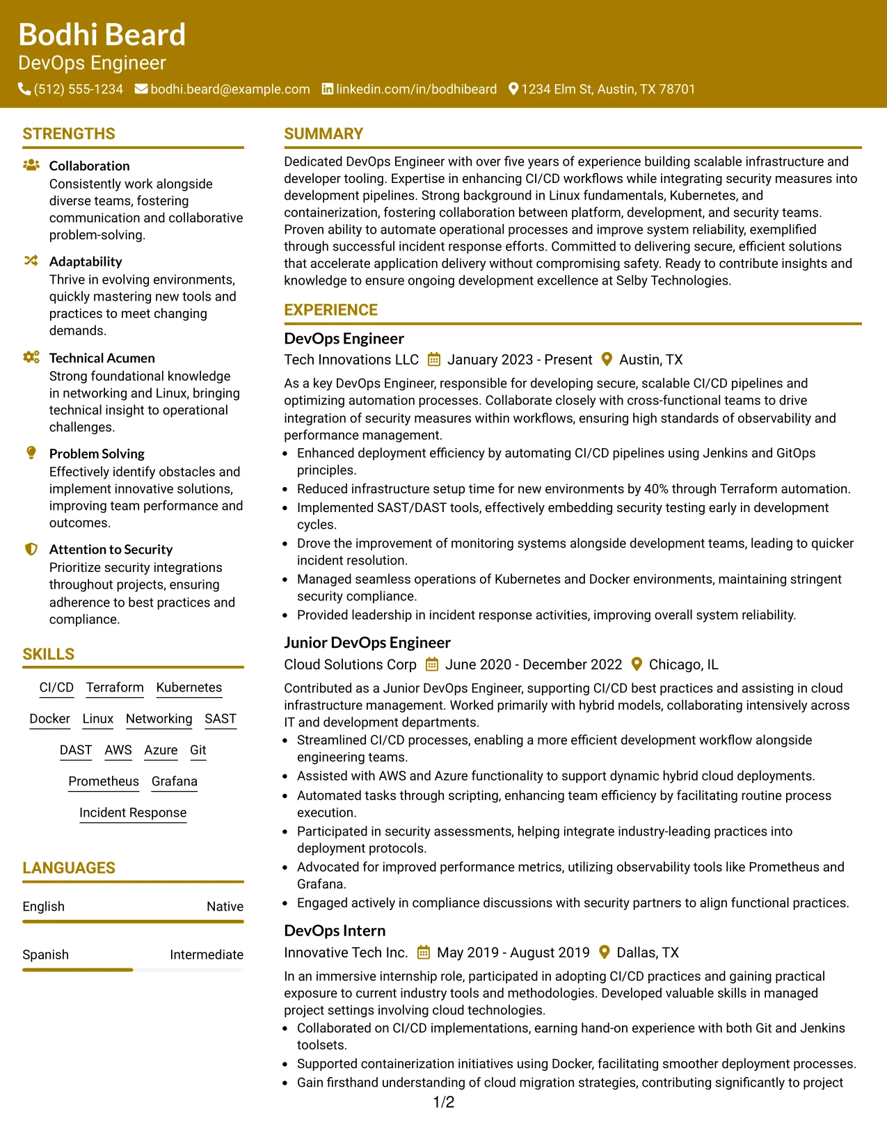 Resume Example Page 1