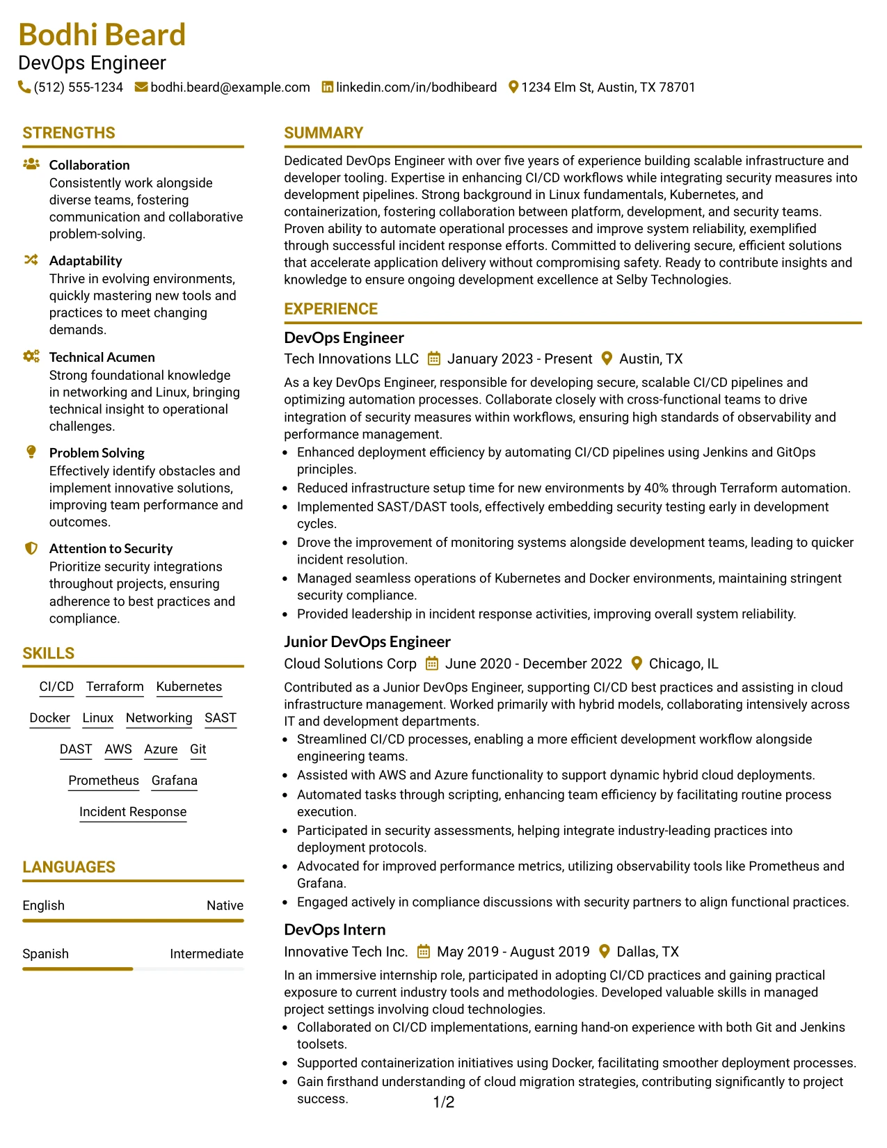Resume Example Page 1