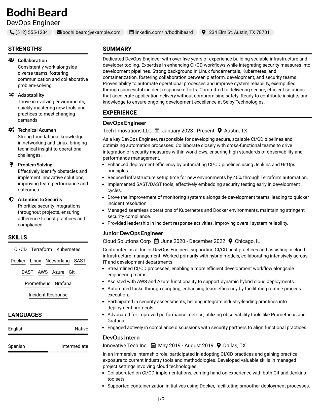 Resume Example Page 1