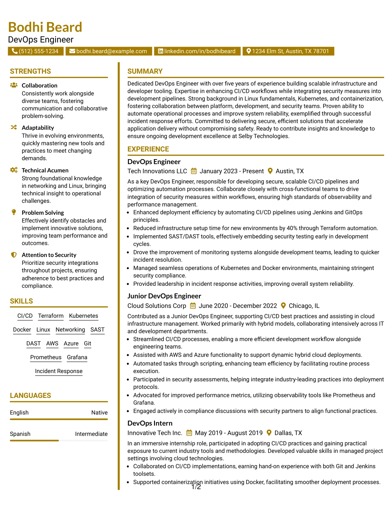 Resume Example Page 1