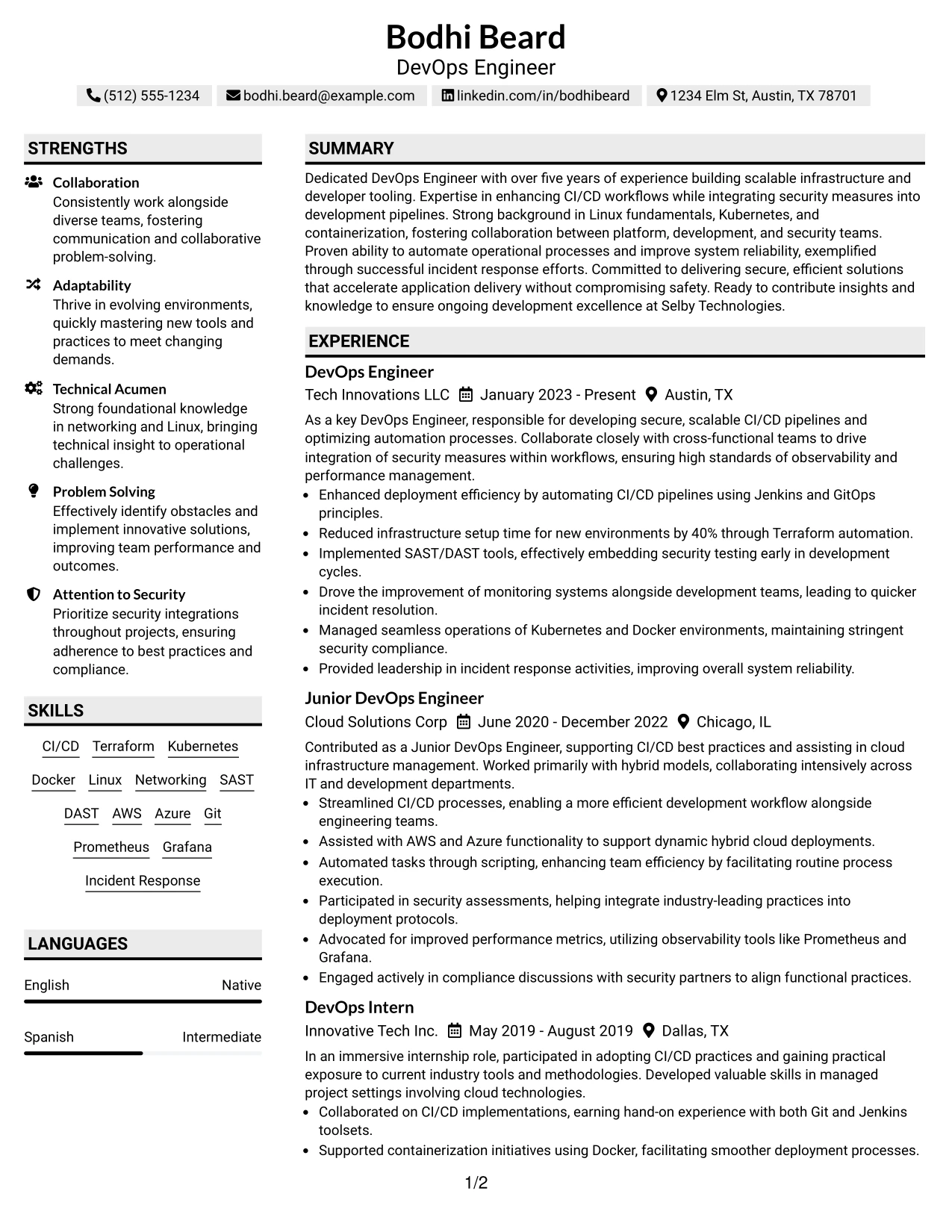 Resume Example Page 1