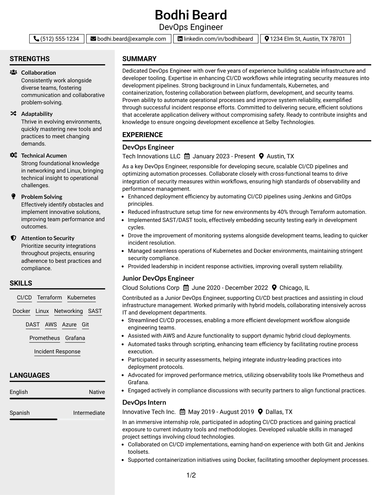 Resume Example Page 1