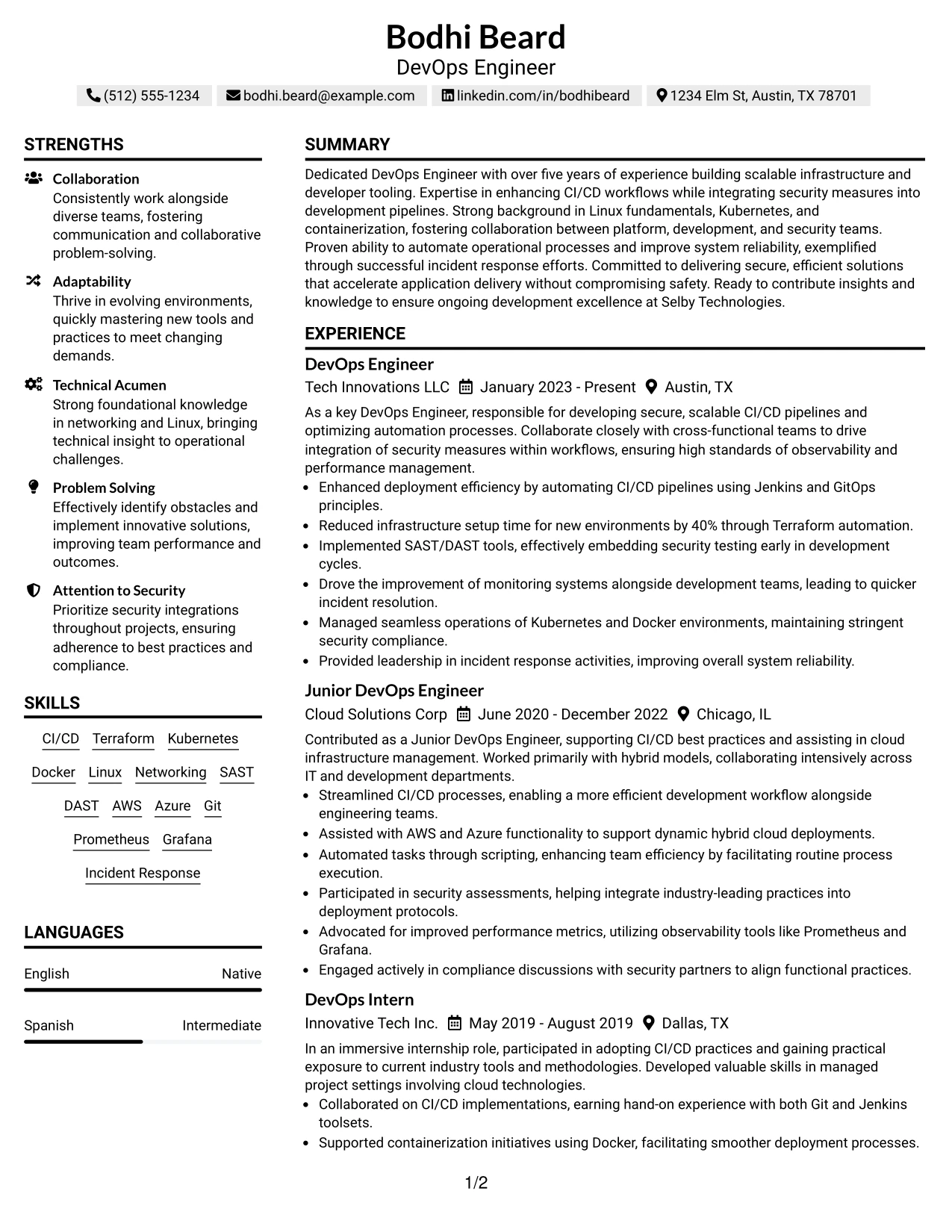 Resume Example Page 1