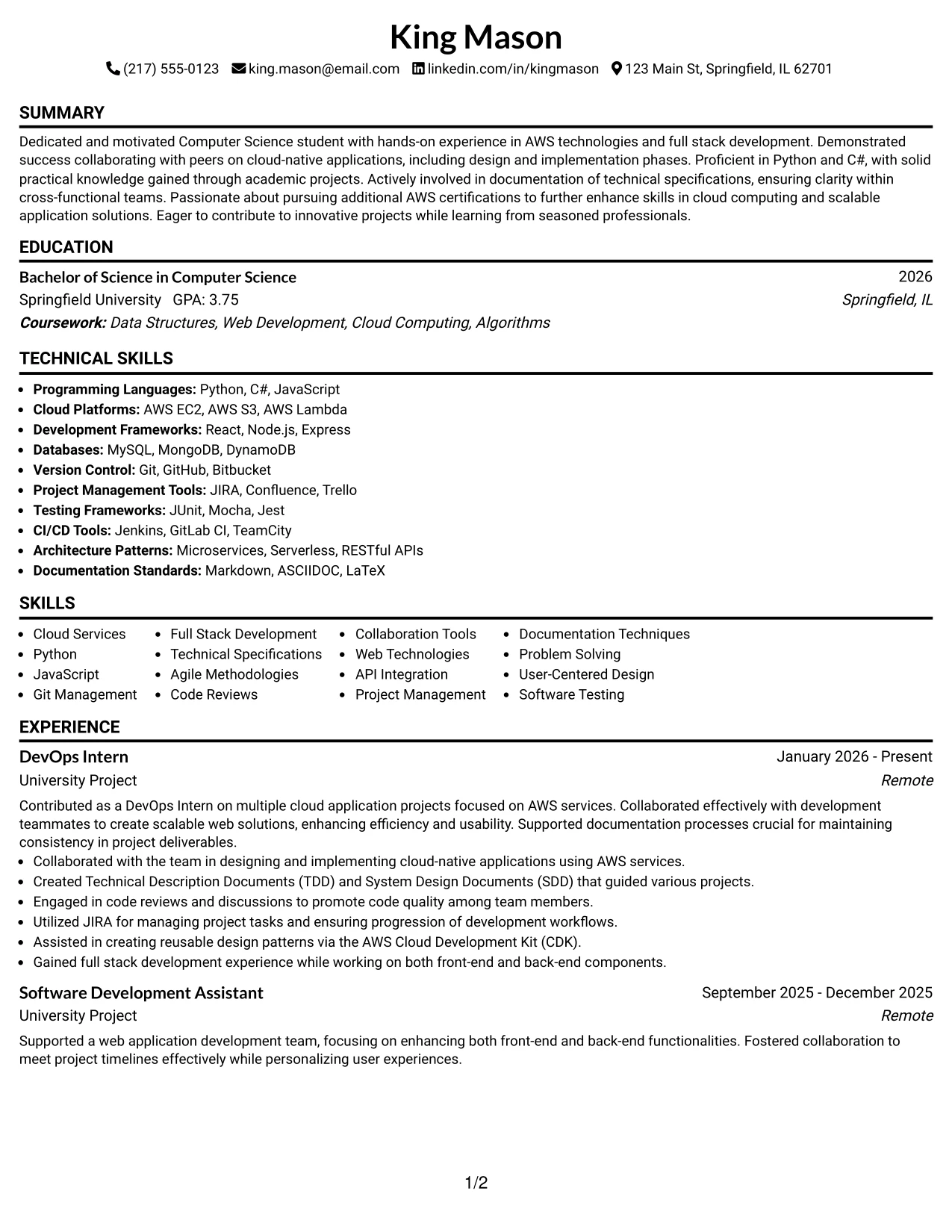 Resume Example Page 1