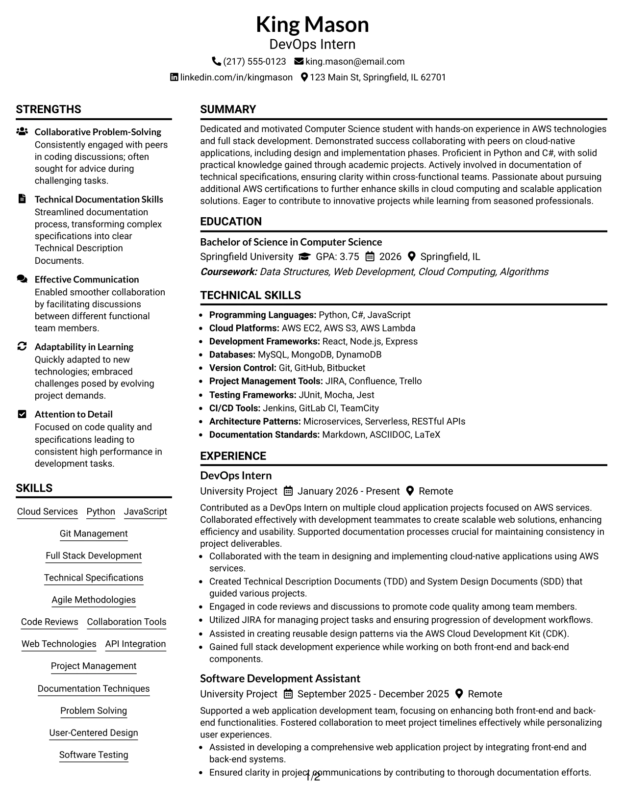 Resume Example Page 1