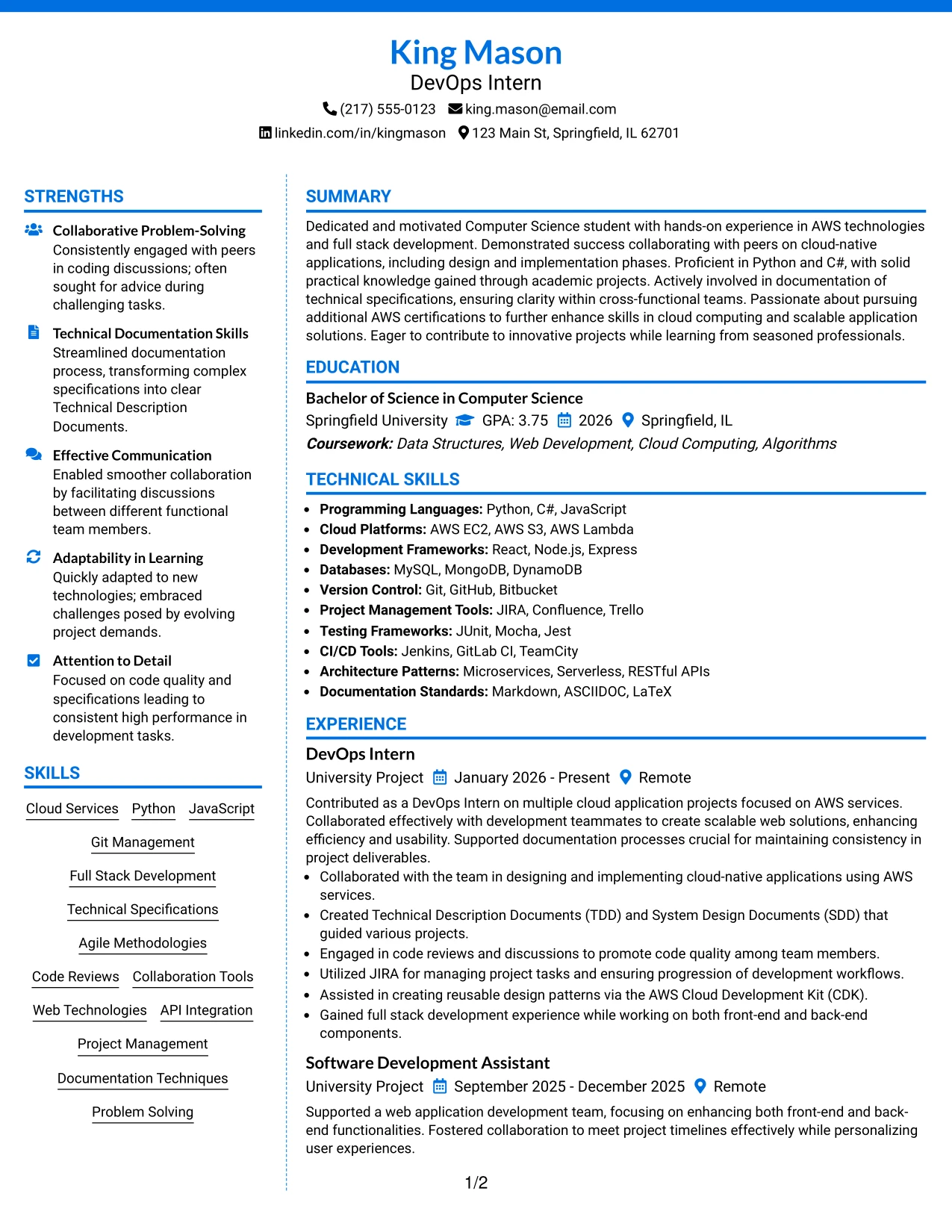 Resume Example Page 1