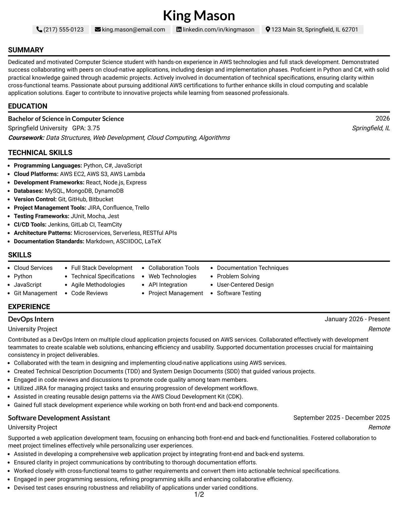 Resume Example Page 1