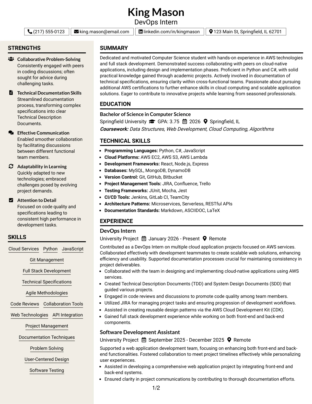 Resume Example Page 1