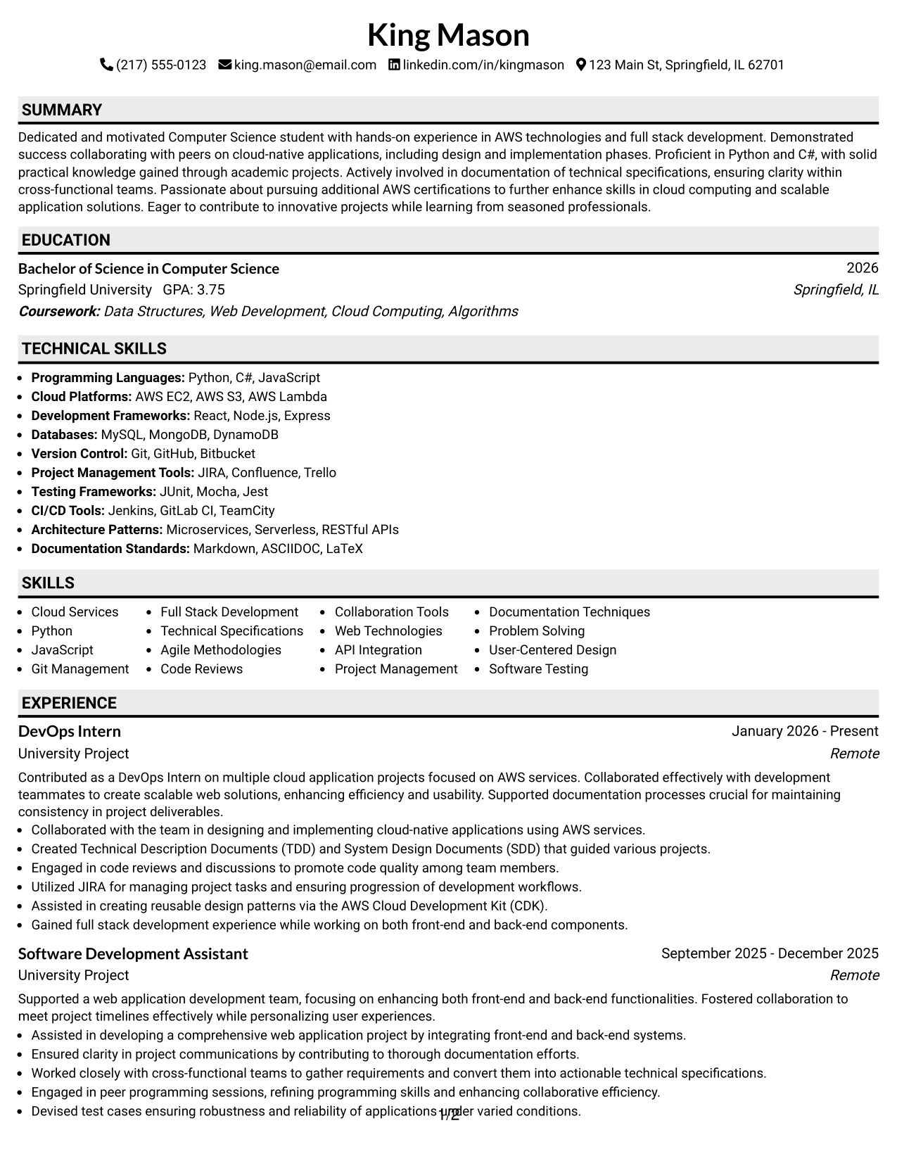 Resume Example Page 1