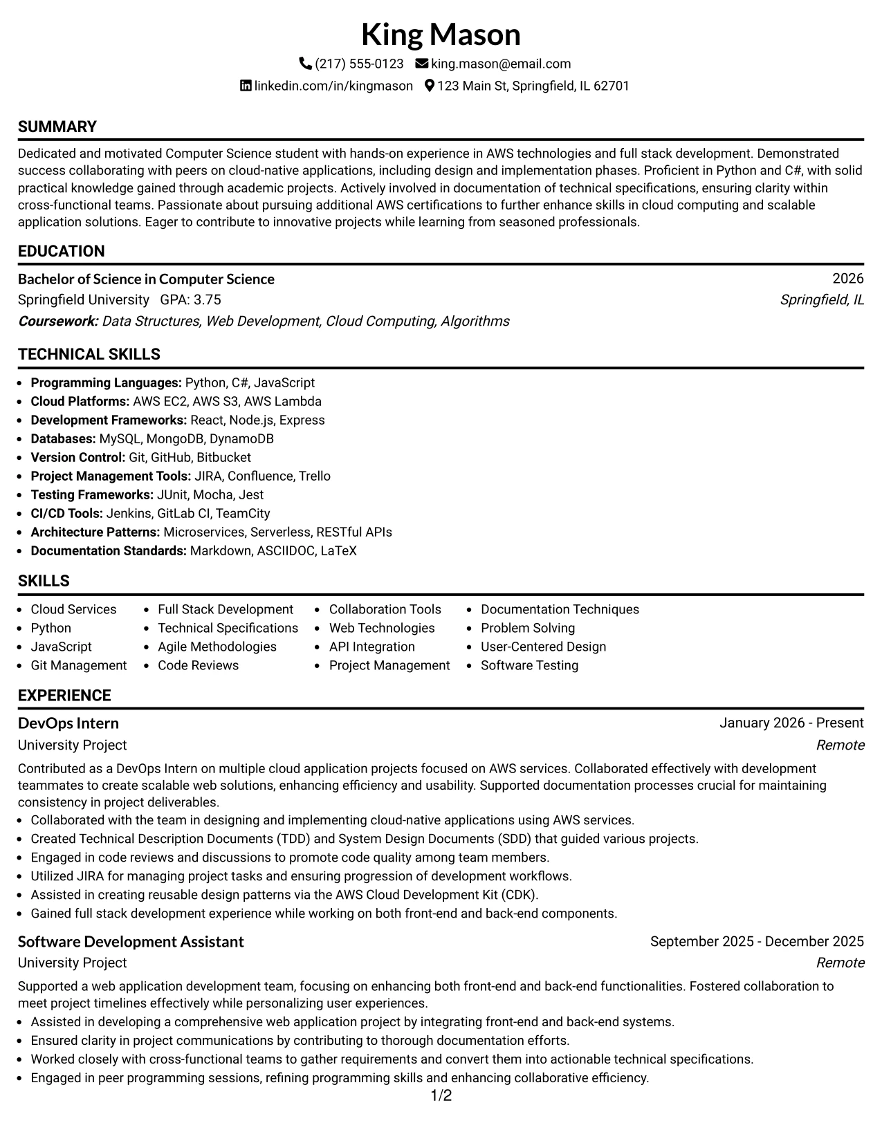 Resume Example Page 1