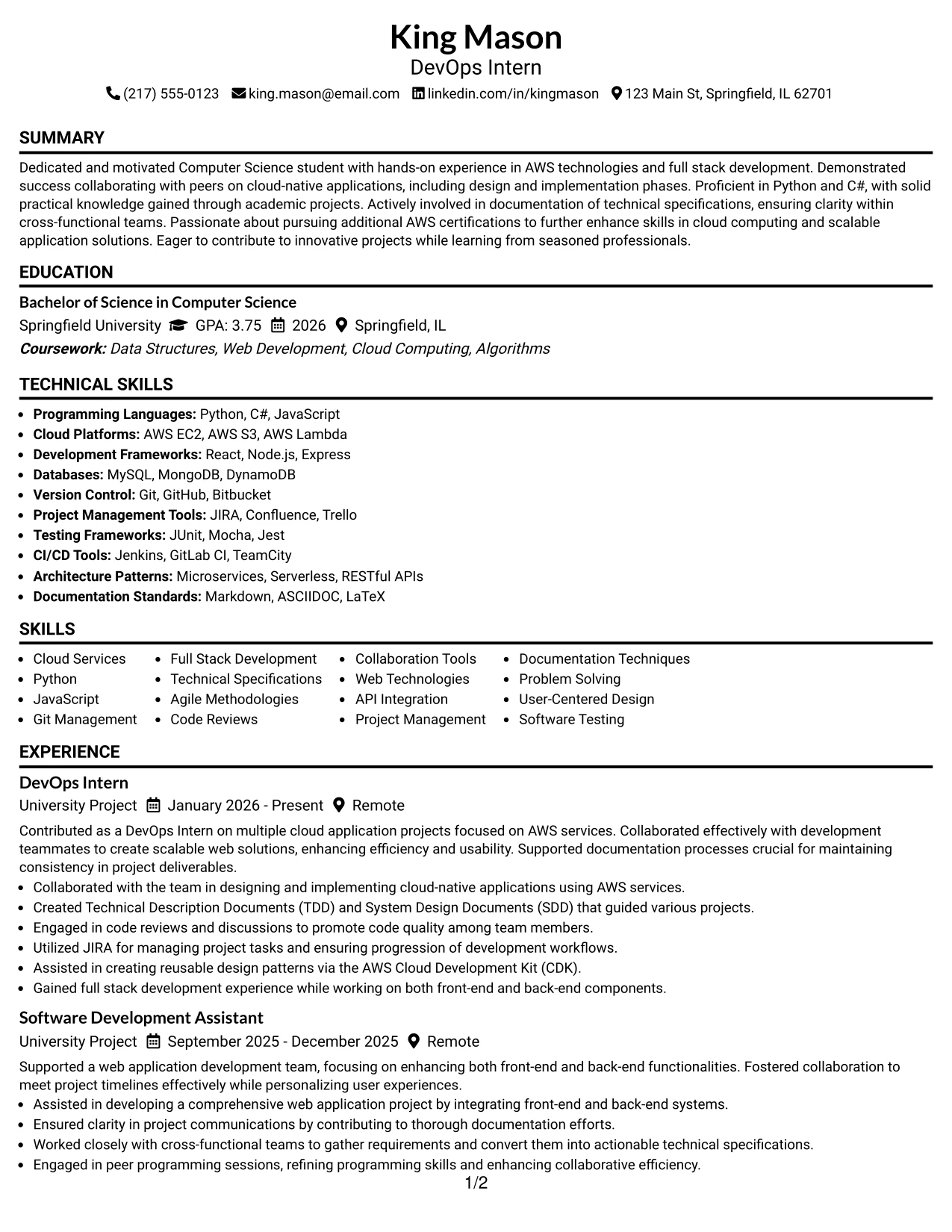 Resume Example Page 1