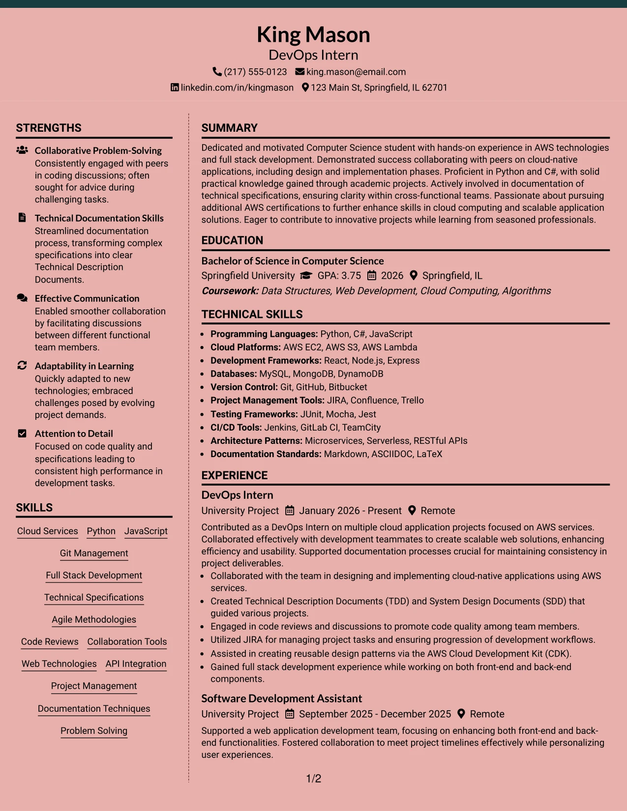 Resume Example Page 1