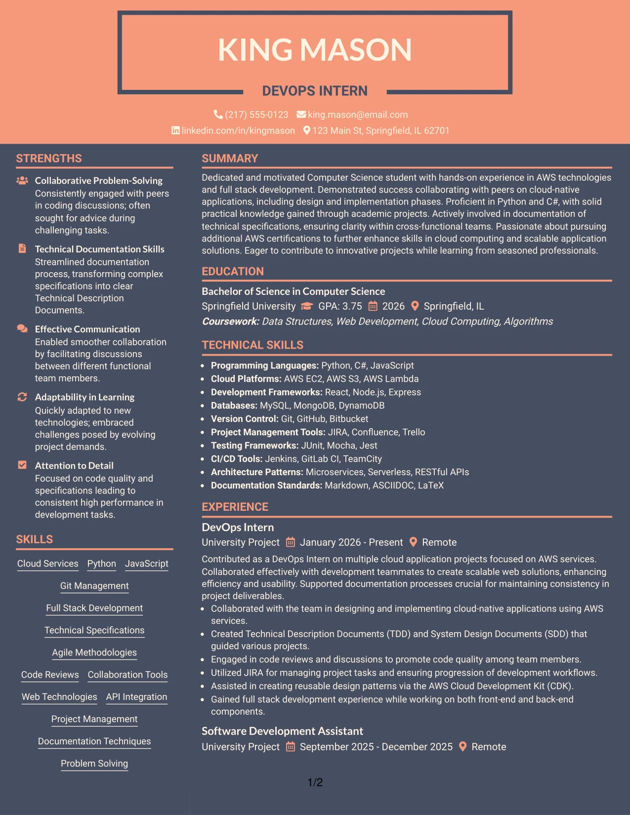 Resume Example Page 1