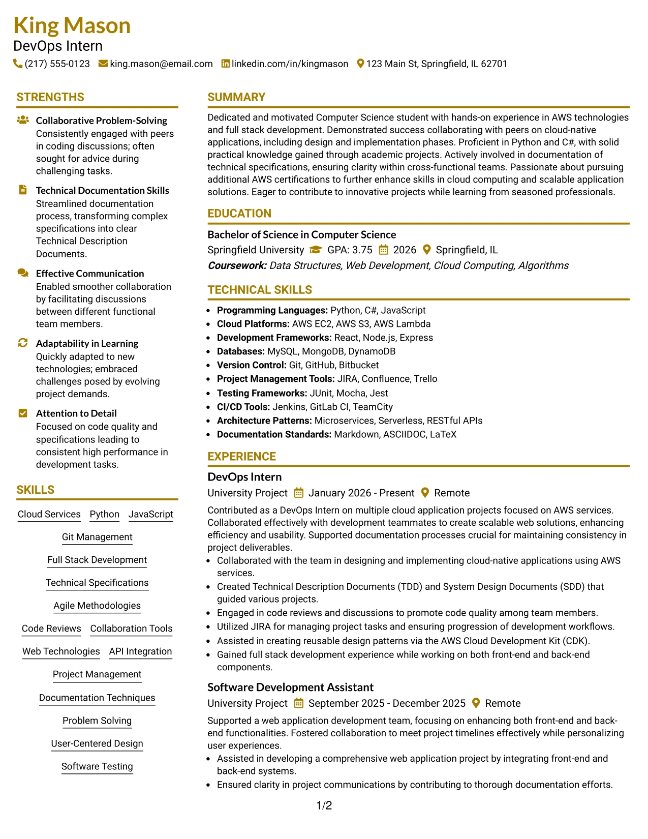 Resume Example Page 1