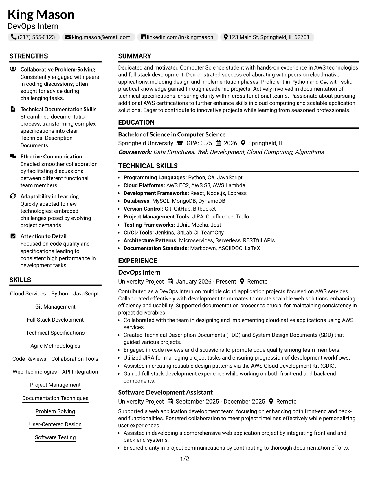 Resume Example Page 1