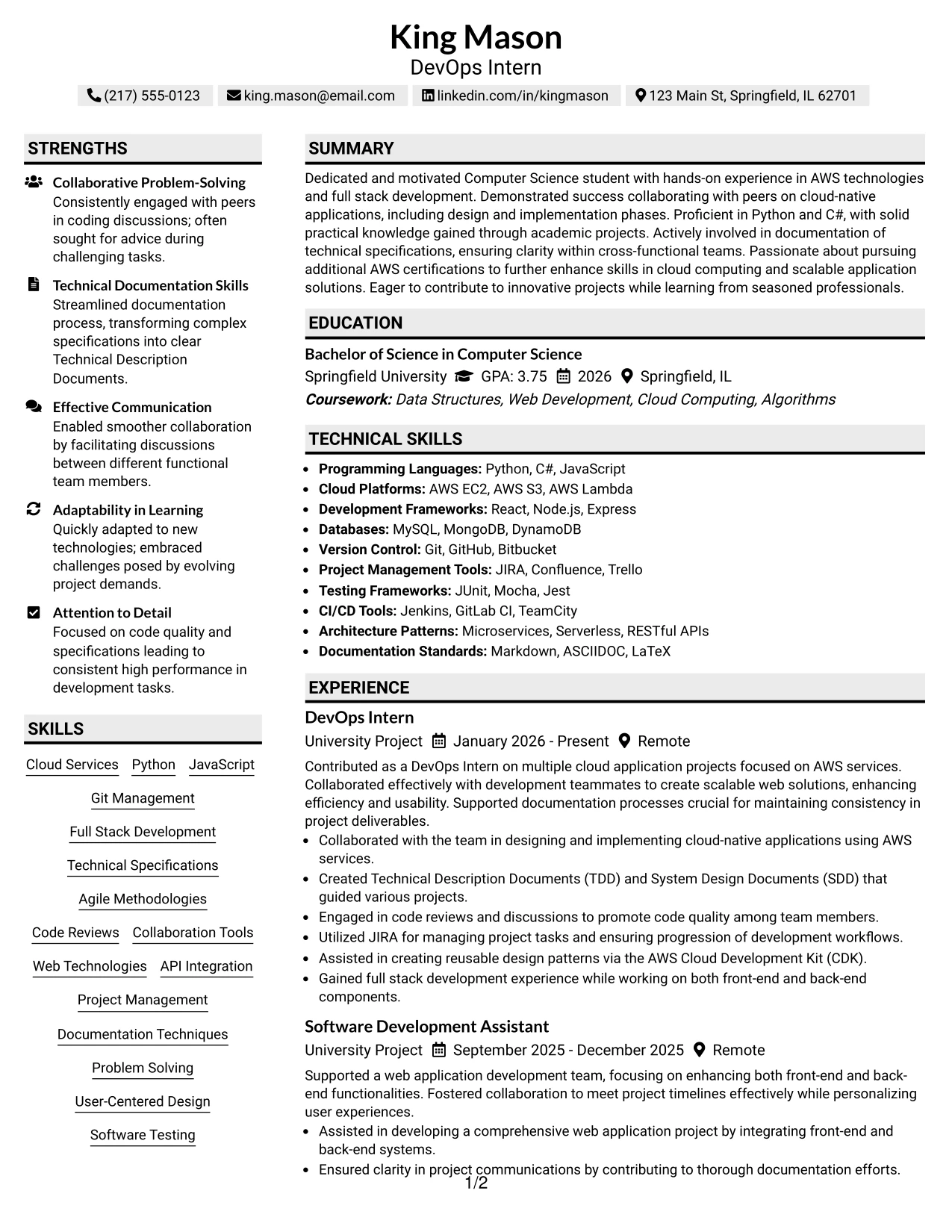 Resume Example Page 1