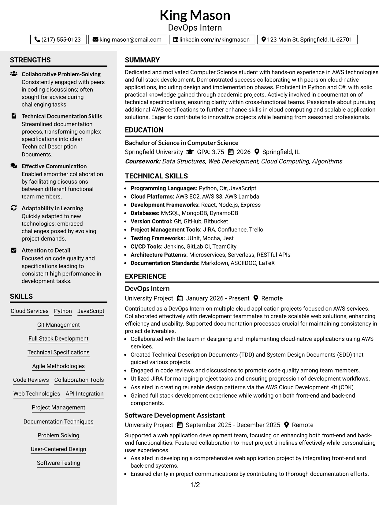 Resume Example Page 1