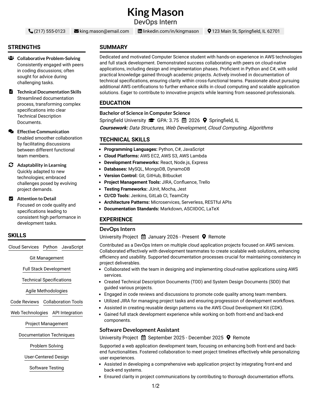 Resume Example Page 1