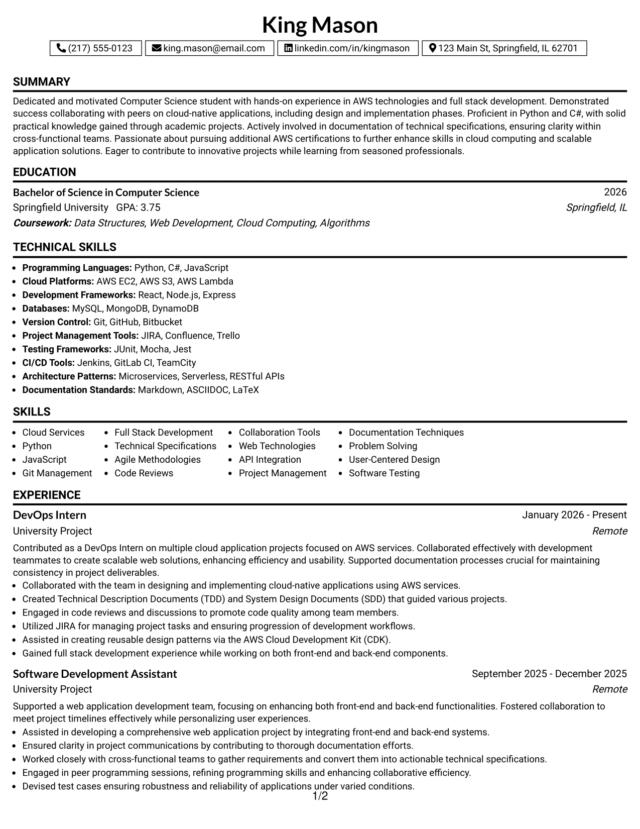 Resume Example Page 1